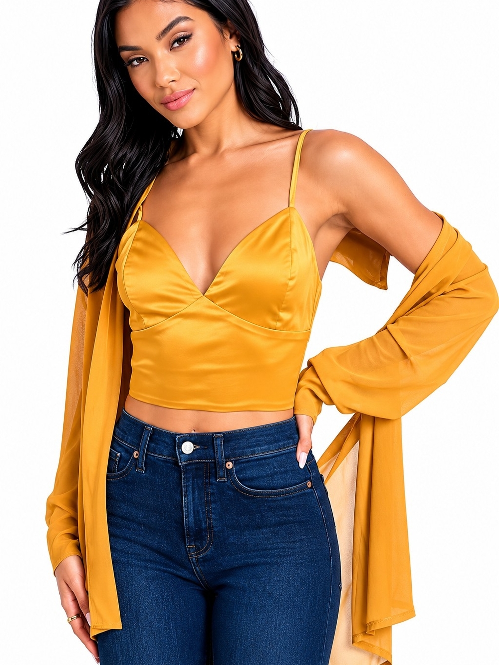 Bebe Satin Bustier Top With Matching Chiffon Blouse - MANGO
